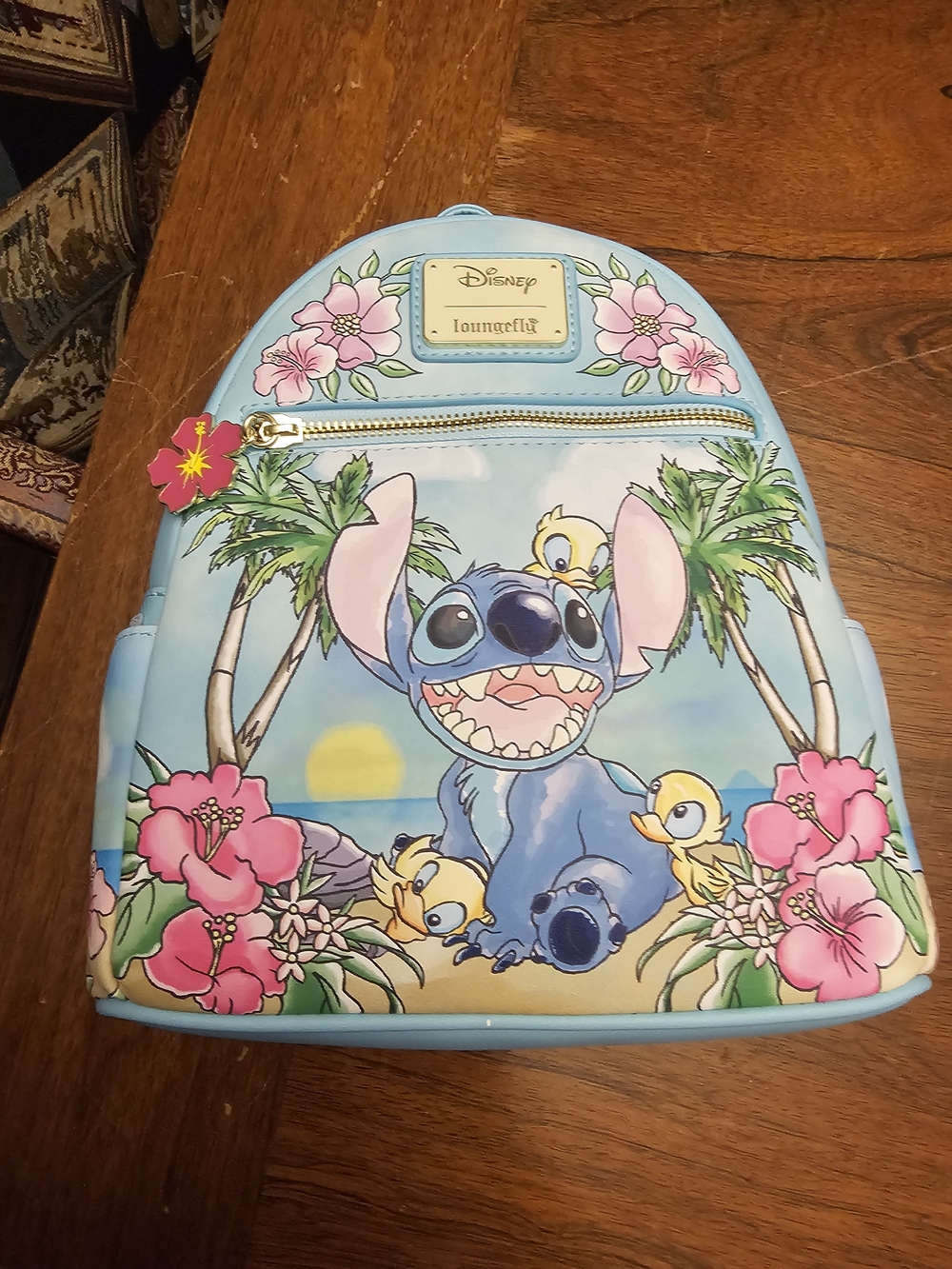 Loungefly Light Blue Stitch Beach Mini Backpack with Pink Floral Accents